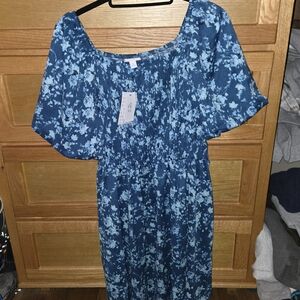Smocked Blue Floral Scoop-Neck Midi Dress